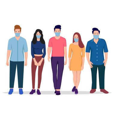 Tıbbi maske takan bir grup kadın ve erkek. Corona virüsü salgını sırasında güvende olun.