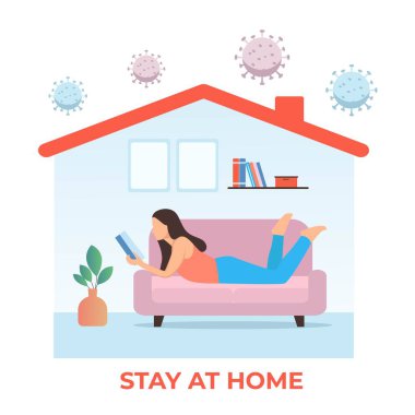 Kanepede kitap okuyan bir kadın karakter. Corona virüsü salgını sırasında evde kal..