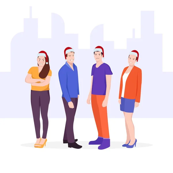 Ομάδα Νέων Ανθρώπων Ντυμένοι Χριστουγεννιάτικα Καπέλα Επίπεδη Διανυσματική Απεικόνιση — Διανυσματικό Αρχείο