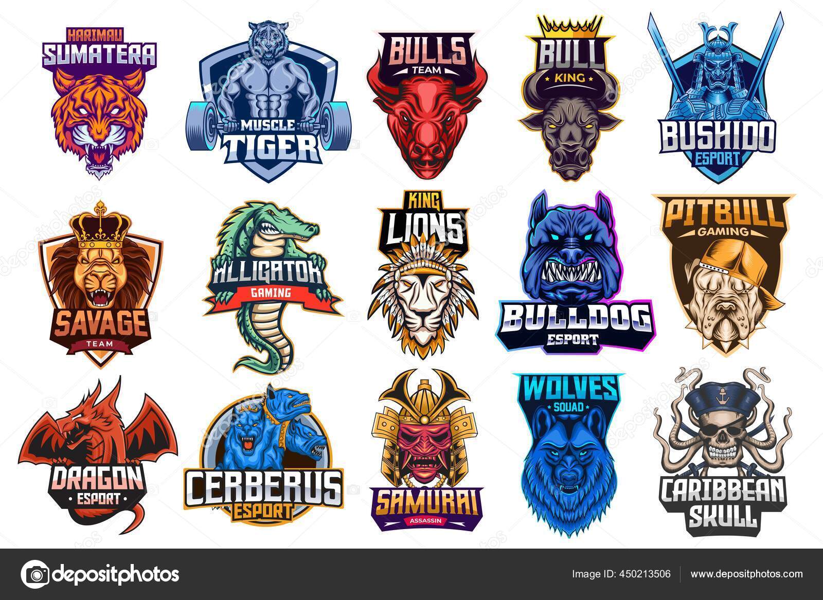 Collection Emblems Tiger Bulls Lion Alligator Samurai Bulldog Wolves