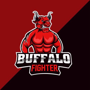 Buffalo Fighter maskotu logosu. Bir spor ve eSport takımı için şablon tasarımı amblemi.