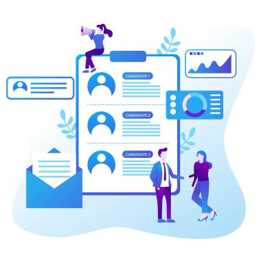 İş adamı patronu ya da İK uzmanı iş başvurusunda bulunanla görüşüyor. İş görüşmesi, istihdam süreci, aday konsepti seçimi. Vektör illüstrasyonu.