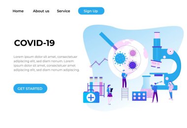 İnternet sitesi ve mobil web sitesi için eşsiz modern COVID-19 tasarım konsepti. İniş sayfası şablonu. Düzenlemek ve kişiselleştirmek kolay. Vektör illüstrasyonu