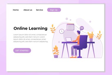 Video konferans inişi. Bilgisayar ekranındaki insanlar iş arkadaşlarıyla birlikte. Video konferans ve online toplantı çalışma alanı vektör sayfası