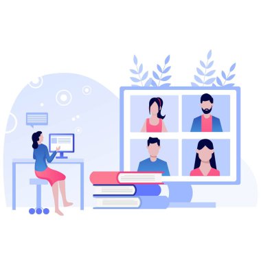 Video konferans illüstrasyonu. Bilgisayar ekranındaki insanlar iş arkadaşlarıyla birlikte. Video konferans ve online toplantı çalışma alanı vektör sayfası