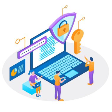 Bilgisel, kahramanlı pankart verileri ve gizliliği korur. Güvenlik ve gizli veri koruması, karakter kaydetme kodu konsepti ve kontrol girişi. Düz izometrik vektör çizimi