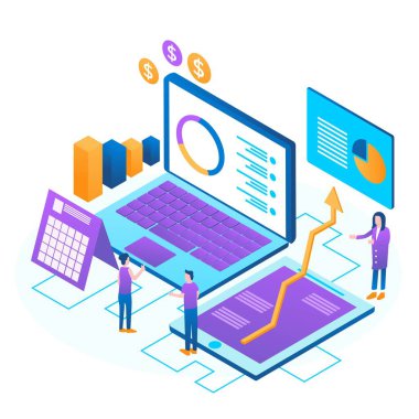 Denetleme, karakterli iş analizi kavramı. Fırsat kavramı. Grafik ve denetim belgeleri, ekonomik analiz finansal bütçesi. Çizim düz izometrik vektör arkaplanı