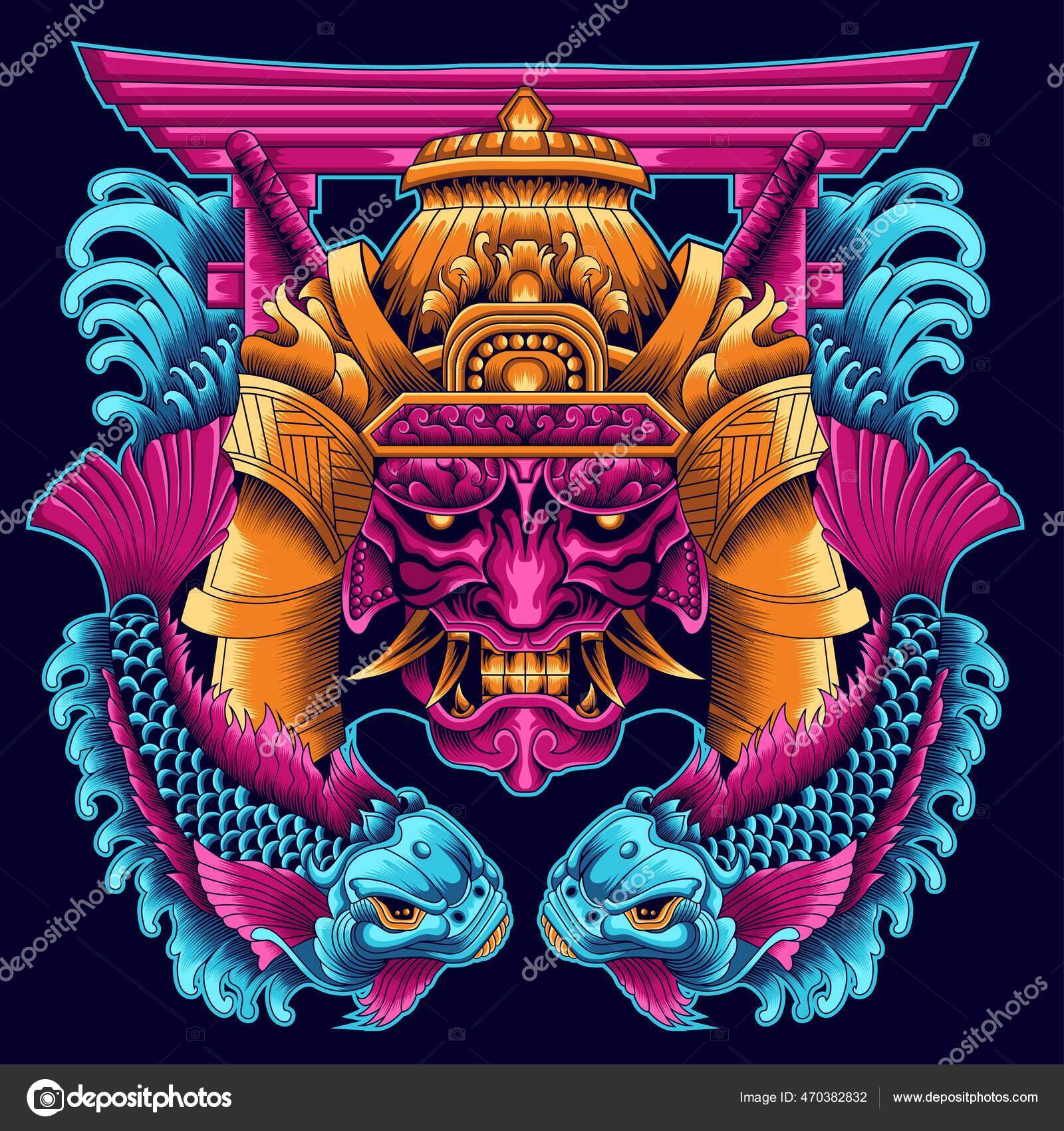 Máscara Samurai Hannya Com Ilustração Peixe Koi — Vetor de Stock