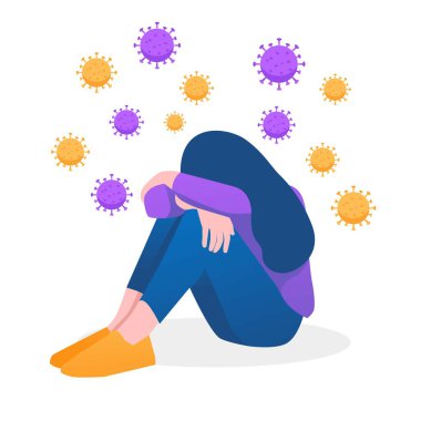 Sosyal uzaklıktan dolayı yalnızlık ve depresyon COVID-19 Coronavirus krizinde evde yalnız kalmak, virüs enfeksiyonundan kaynaklanan endişe mutsuz depresif kadın virüs patojenleri ile yalnız başına oturuyor.
