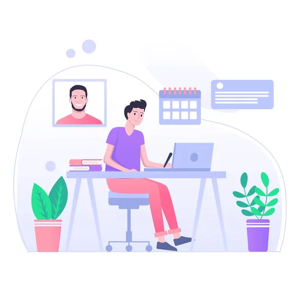 Talking Online Concept Working Home Character Sitting Office Looking Screen Vector Graphics