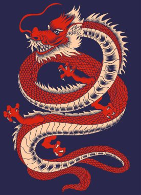 Angry japanese dragon colorful concept in vintage style on dark background isolated vector illustration
