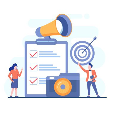 Ajans ve dijital pazarlama kavramı. İnternet için sosyal medya. Web afişi, bilgi grafikleri, kahraman resimleri için kullanılabilir. Düz illüstrasyon beyaz arkaplanda izole edildi.