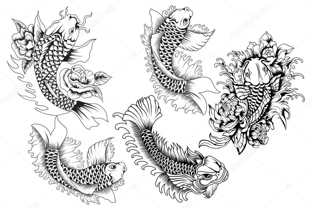 Set of Japanese Koi Fish black and white template in vintage style isolated vector illustration