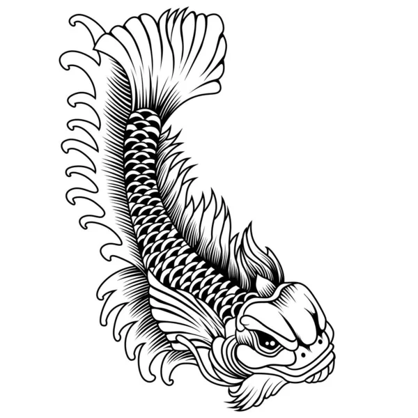 Koi Fish Japón Tatuaje Estilo Blanco Negro Ilustración Vectorial — Archivo Imágenes Vectoriales