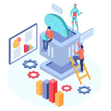 İnsan etkileşimli teknoloji etkileşimi. Ofiste çalışan robot insan resimleri web afişi, bilgi grafikleri ve kahraman resimleri için kullanılabilir. Düz izometrik vektör çizimi beyaz arkaplanda izole edildi