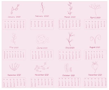 2021 Yıllık Basit Takvim Düzeni.