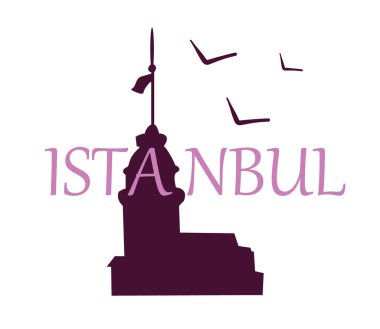 İstanbul 'daki Bakire Kulesi silueti. Geleneksel aromalı simit (simit) ve Türk çayı. İstanbul 'un sembolleri.