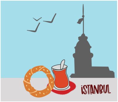 İstanbul 'daki Bakire Kulesi silueti. Geleneksel aromalı simit (simit) ve Türk çayı. İstanbul 'un sembolleri.