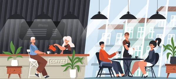 Mensen Gezellige Cafe Coffeehouse Barista Coffeeshop Bezoekers Cafe Interieur Set — Stockvector
