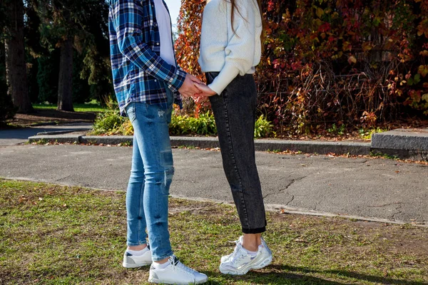 Joven Pareja Hermosa Amor Buen Estado Ánimo Paseos Parque Otoño — Foto de Stock