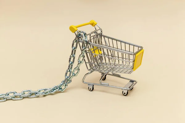 Carro Compras Metal Con Cadena Metálica Sobre Fondo Beige Objetos —  Fotos de Stock