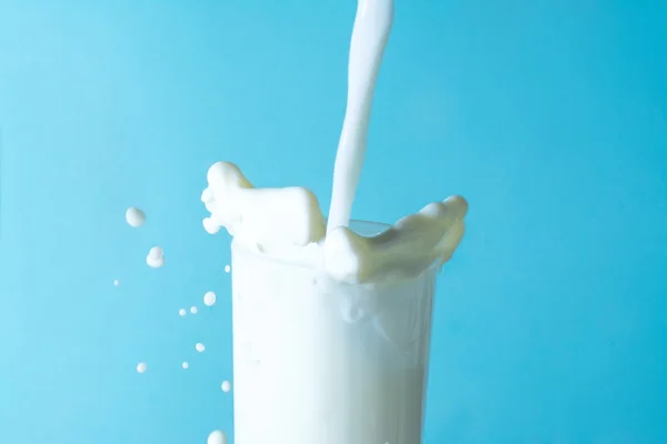 Éclaboussure de lait dans le verre, verser jet de lait dans un verre sur fond bleu — Photo