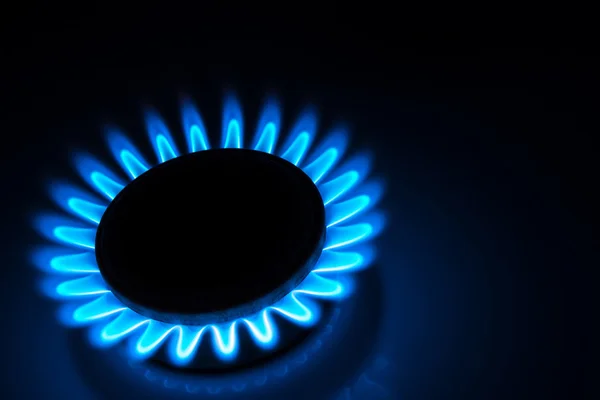 Burning gas stove hob blue flames close up in the dark on a black — Stock Photo, Image