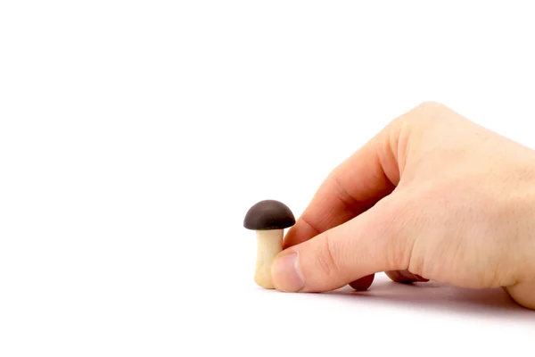 La mano sostiene un pequeño hongo de chocolate aislado sobre un fondo blanco — Foto de Stock