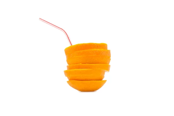 Orange sliced in a glass form with a straw isolated — Stock Photo, Image