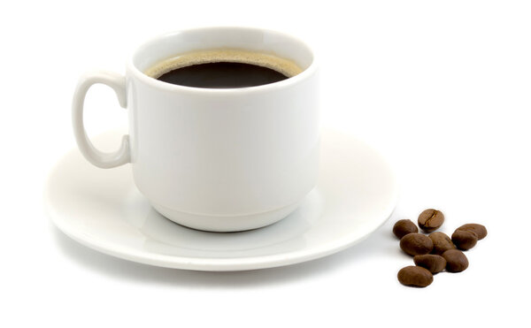 White cup of coffee with coffee beans isolated 