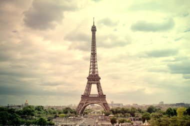 Panorama Eyfel Kulesi Paris. Fransa. Vintage görünümü. Tour Eiffel eski retro tarzı. 