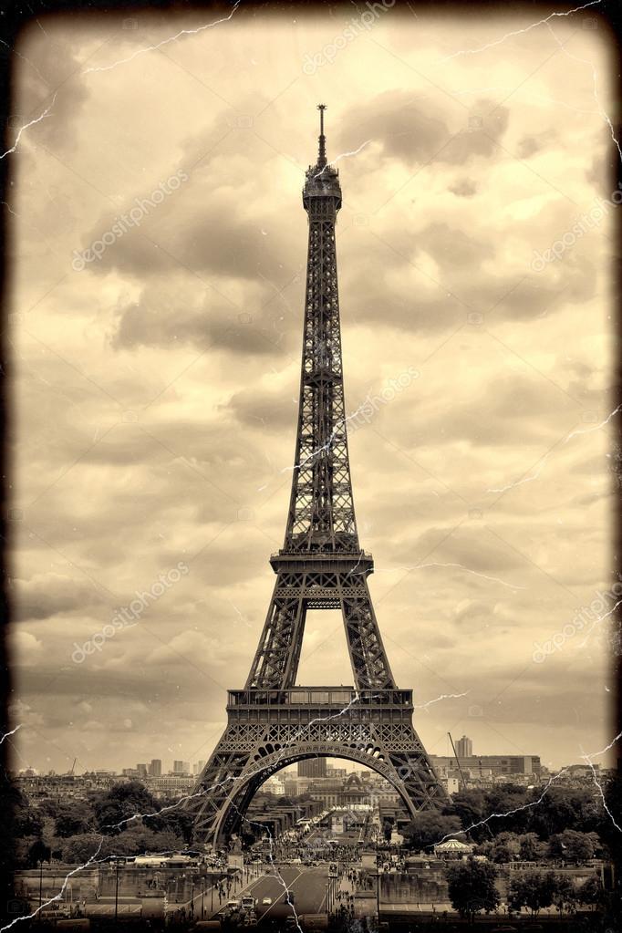 Panorama Eiffel Tower in Paris. Vintage view. Tour Eiffel old retro
