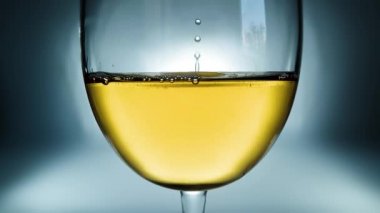 Kadehteki beyaz şarabın ve düşen şarabın yaratıcı makro yavaş çekim videosu. Yavaşça düşen şarap damlaları olan bir bardak..
