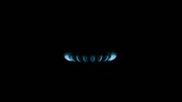 ガスストーブのハブ 黒の背景に暗闇の中で青い炎のマクロのクローズアップ燃焼 ガスがオンに切り替えられて 青い炎のように見えます 黒い背景に隔離されたガスストーブ — ストック動画