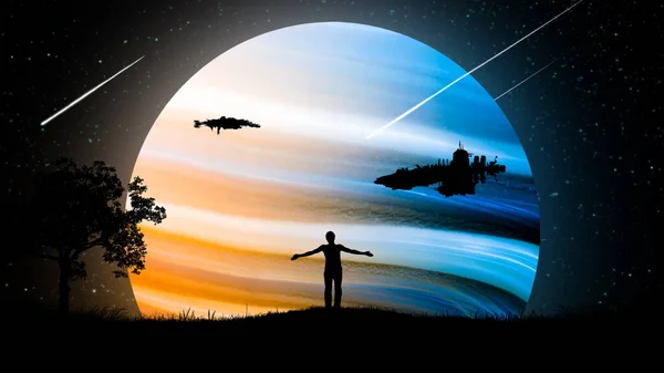 A man at night outdoors with his hands apart, raised to the air against the background of the starry sky with spaceships and a beautiful glowing neon planet.