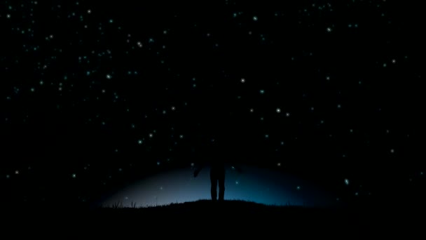 Parallax Видео Анимация Человека Природе Ночью Поднимающего Руки Звездному Небу — стоковое видео