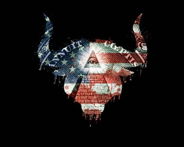 Amerikan bayrağı renginde izole edilmiş boğa kafası silueti boya sıçraması, kan akışı ve dolar üstüne piramit. Amerikan bayrağı silueti, kan sıçramış bir boğa kafası şeklinde, dolar banknotu.
