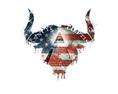 Amerikan bayrağı renginde izole edilmiş boğa kafası silueti boya sıçraması, kan akışı ve dolar üstüne piramit. Amerikan bayrağı silueti, kan sıçramış bir boğa kafası şeklinde, dolar banknotu.