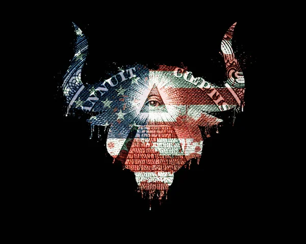 ペイントスプラッター 血が流れ落ちるとドルのピラミッドとアメリカの国旗の色で牛の頭の孤立したシルエット 血のスプラッシュと雄牛の頭の形でアメリカの国旗のシルエット ドル札 — ストック写真