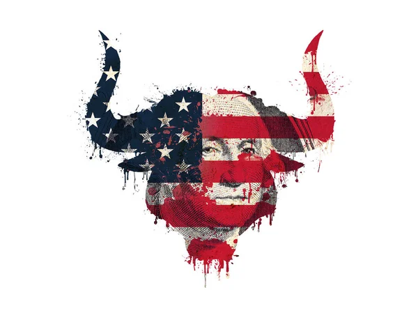 Απομονωμένη Σιλουέτα Κεφαλής Ταύρου Στα Χρώματα Της Αμερικάνικης Σημαίας Πιτσιλιές — Φωτογραφία Αρχείου