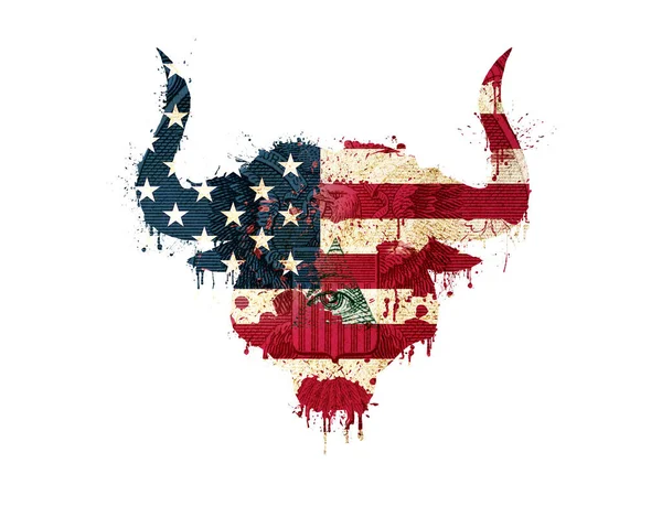 Απομονωμένη Σιλουέτα Από Κεφαλή Ταύρου Χρώματα Αμερικάνικης Σημαίας Πιτσιλιές Μπογιάς — Φωτογραφία Αρχείου