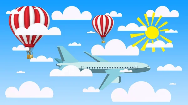 Ilustracja Jasnego Błękitnego Nieba Słońcem Papierowymi Chmurami Samolotem Balonami Podróże — Zdjęcie stockowe