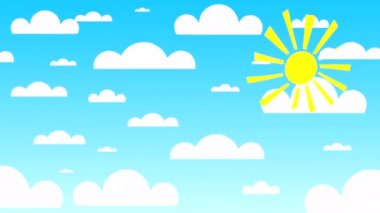 Güneş, kağıt bulutlar, uçak ve balonlarla dolu parlak mavi bir gökyüzünün 4K 3D animasyonu. Seyahat, tatil konsepti.