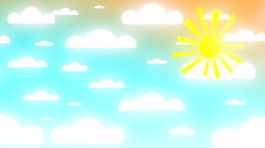 Güneş, kağıt bulutlar, uçak ve balonlarla dolu parlak mavi bir gökyüzünün 4K 3D animasyonu. Seyahat, tatil konsepti.