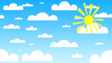 Güneş, kağıt bulutlar, uçak ve balonlarla dolu parlak mavi bir gökyüzünün 4K 3D animasyonu. Seyahat, tatil konsepti.