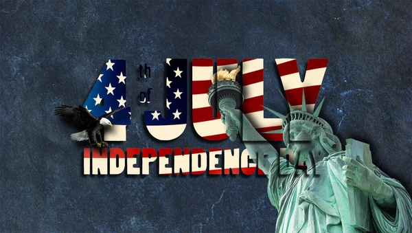 3D illustration - text in the form of a waving US flag - 4 th of july Independence Day - against a background of vintage, grungy marble with the Statue of Liberty and an eagle. 4 july holiday concept.