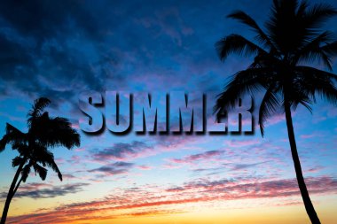 Gün batımında fotoğrafın yanında palmiye ağaçlarının siluetleri ve 