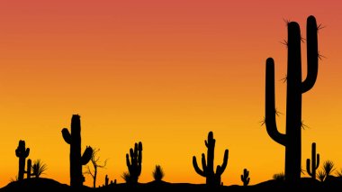 Silhouettes of different cacti at sunset with a cloudless sky in the desert. Desert sunset with clear sky without clouds with beautiful gradient. clipart