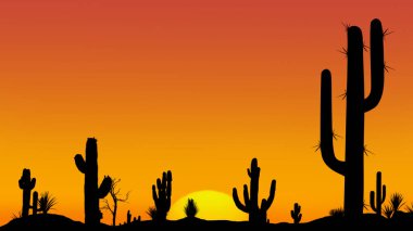 Silhouettes of different cacti at sunset with a cloudless sky and the setting sun in the desert. Desert sunset with clear sky without clouds. clipart