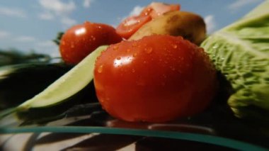 Güneşli bir günde mavi gökyüzü olan bir arka planda bir masada dönen tepside su damlaları olan farklı sebzeler. Makro görünüm.
